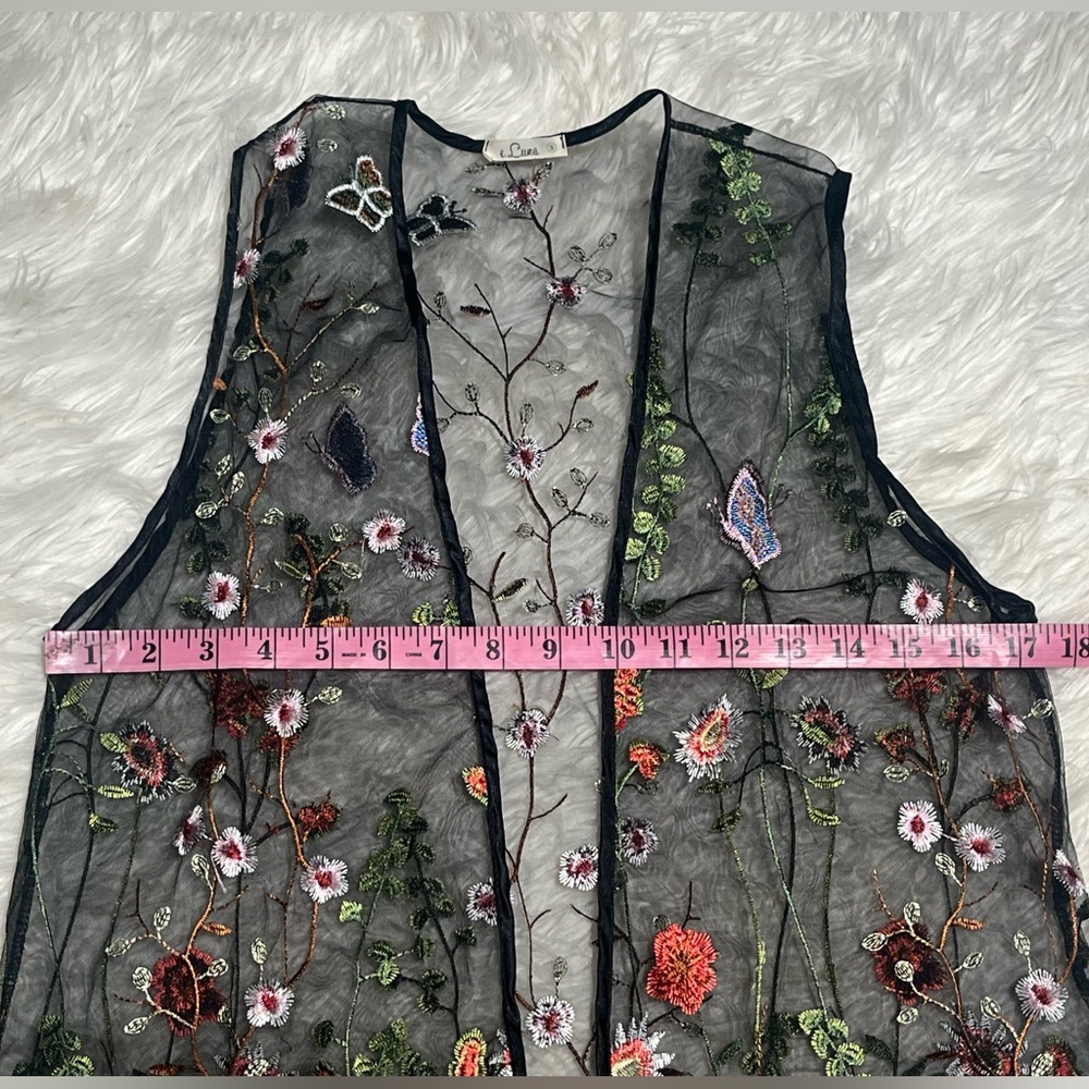 Black Sheer Embroidered Tulle Mesh Long Duster Floral Open Front Topper Vest - Picture 8 of 13